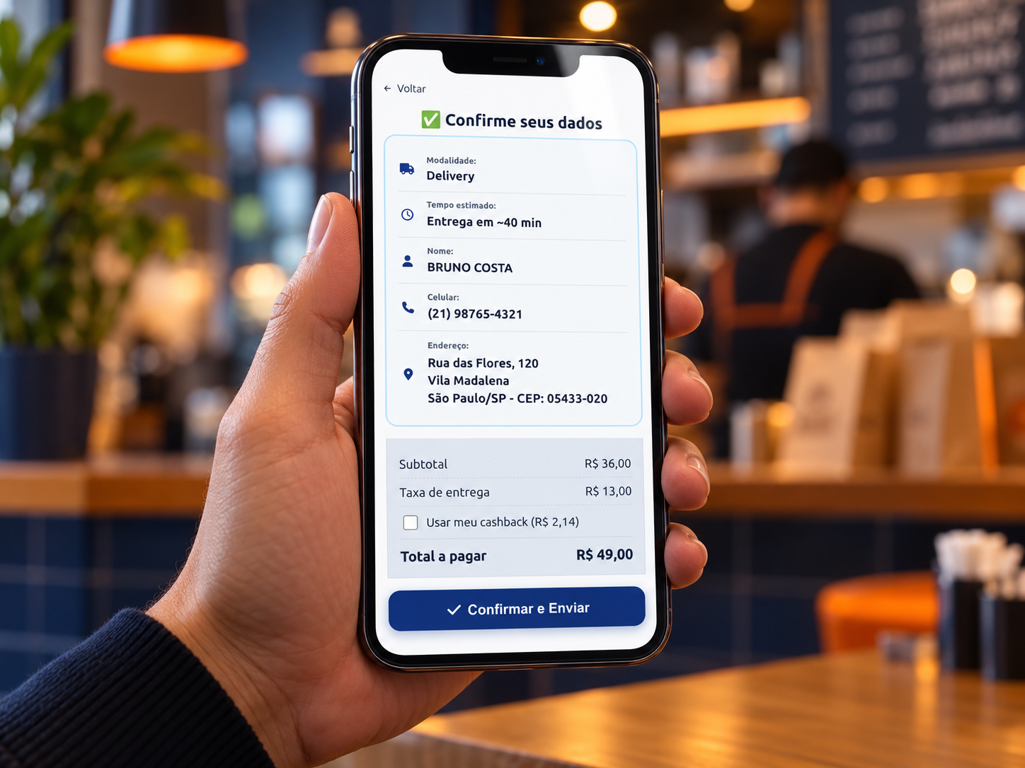 Checkout do cliente no celular com o frete calculado por distância