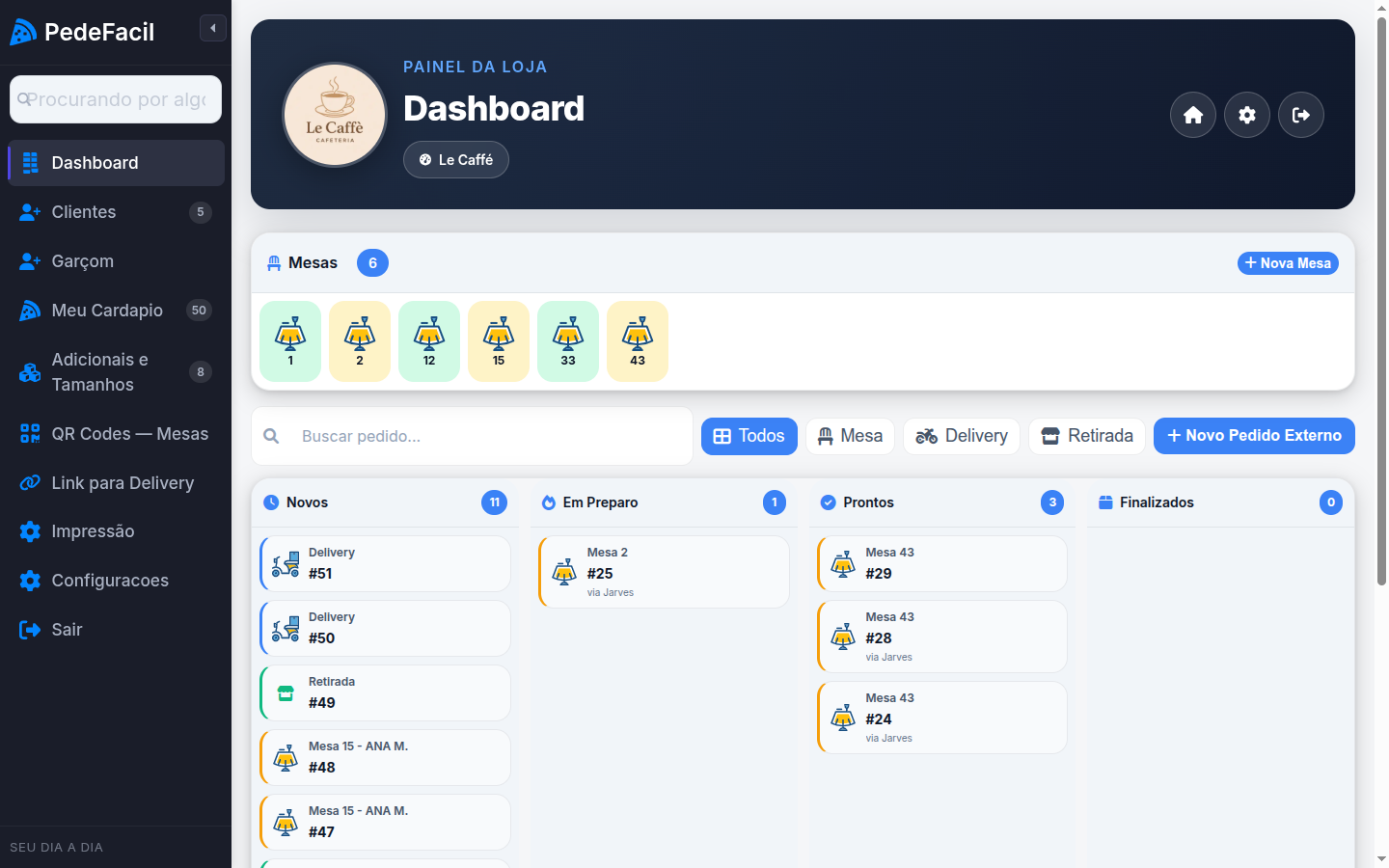 Painel Kanban do dono com mesas e pedidos em tempo real