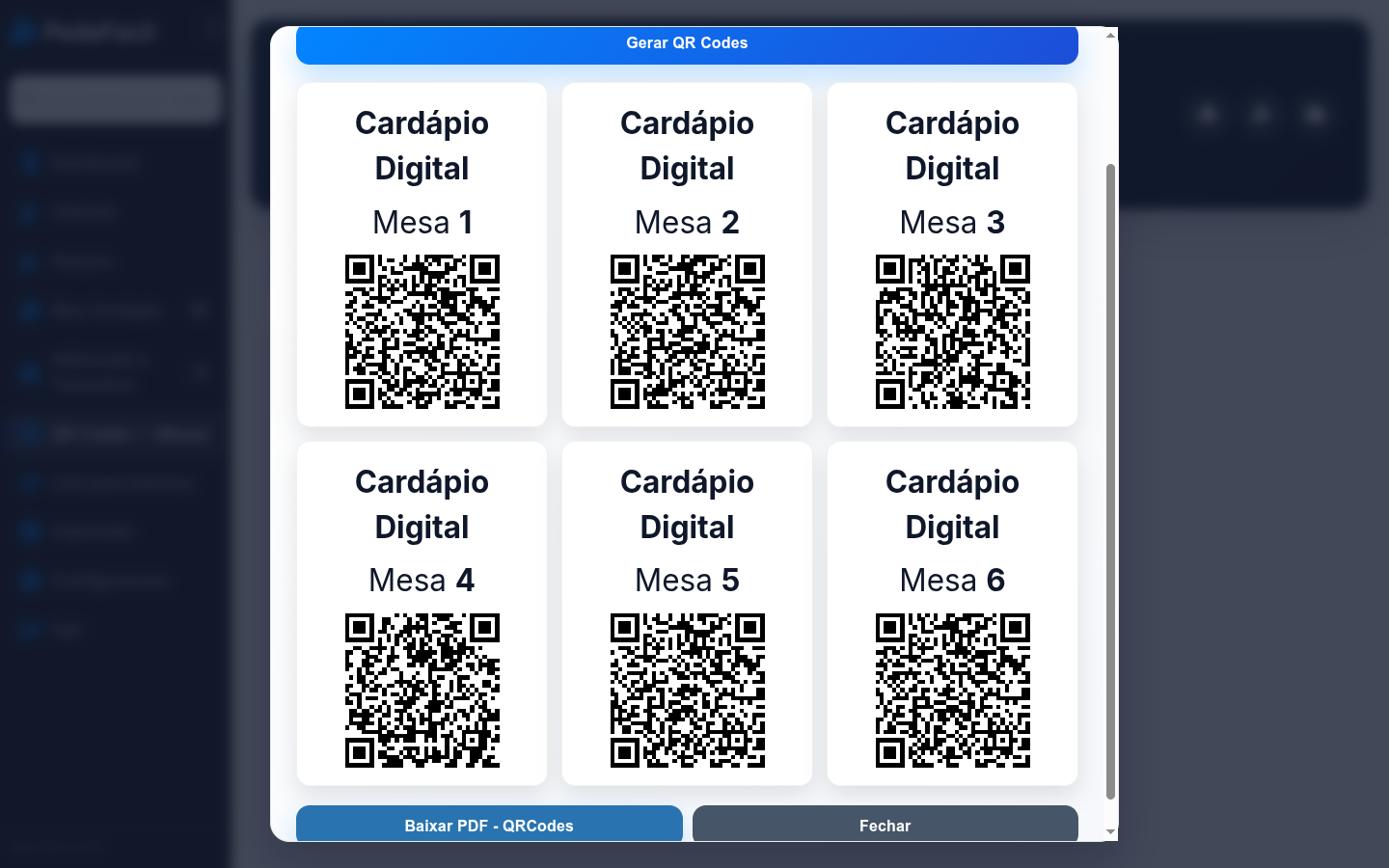 Geração de PDF com QR Codes das mesas